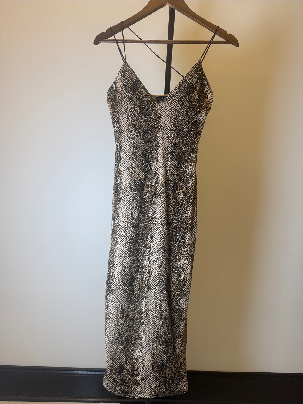 JLUXLABEL Snake-Print Slip Midi Dress in Black & Cream